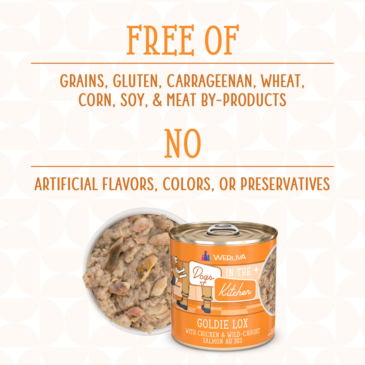 A can of Dogs in the Kitchen Goldie Lox protein-rich dog food with wild-caught salmon and cage-free chicken, free from grains, gluten, carrageenan, wheat, corn, soy, meat by-products, and artificial additives.