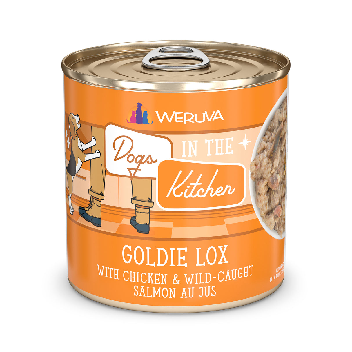A can of Dogs in the Kitchen Goldie Lox dog food features protein-rich chicken and salmon au jus, with an orange label showing a cartoon dog and person by a kitchen counter.