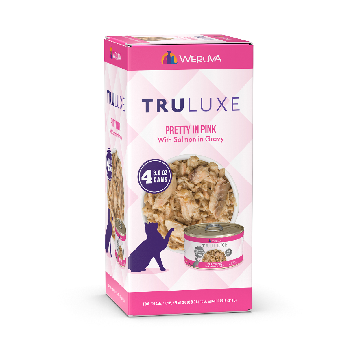 A box of TruLuxe Pretty in Pink cat food, made with hand-flaked salmon, delivers refined nutrition for your feline’s health and satisfaction.