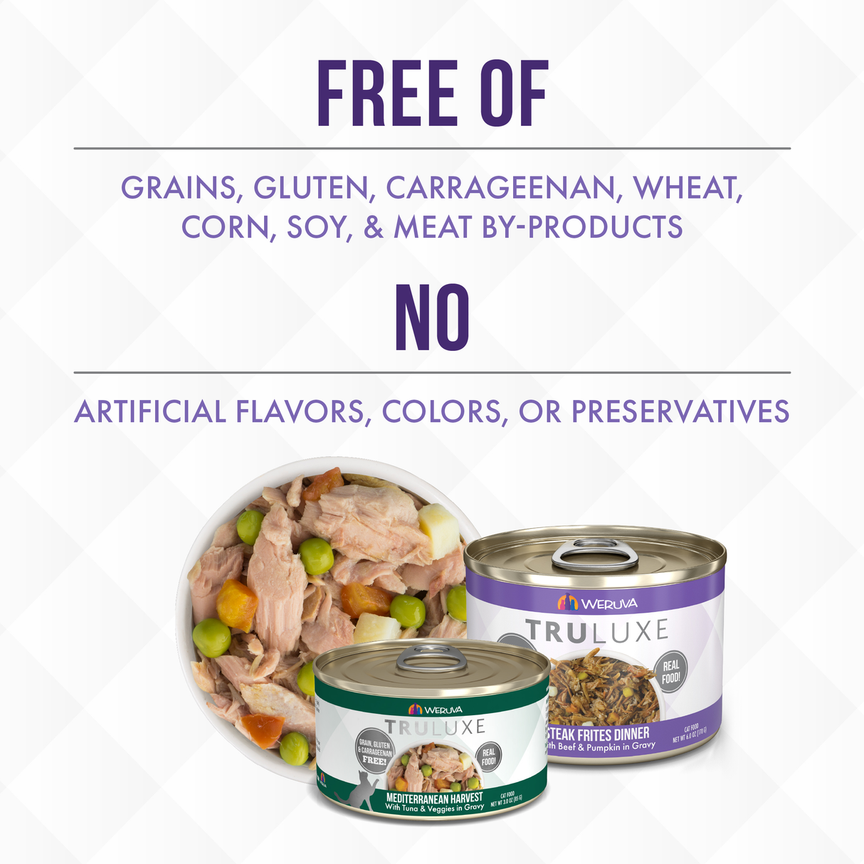 Cans of TruLuxe Pretty in Pink cat food are shown beside a bowl of hand-flaked salmon. The label spotlights refined nutrition—free from grains, gluten, carrageenan, wheat, corn, soy, by-products, and artificial additives.