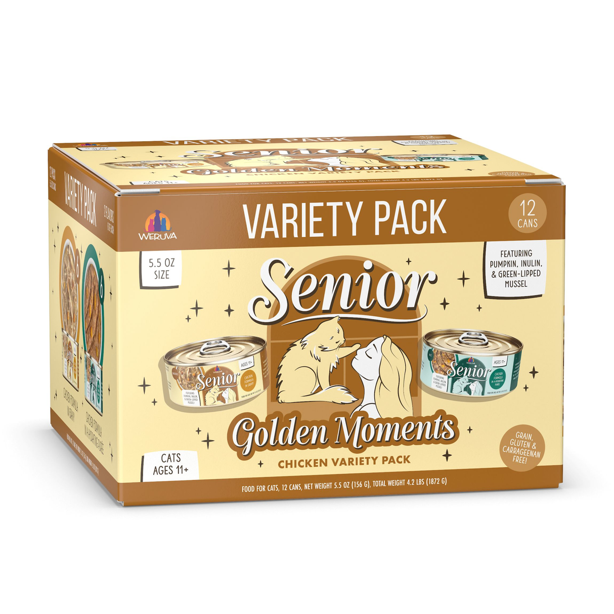 Weruva’s Golden Moments Variety Pack features 12 cans of senior cat food for cats 11+, with packaging showing two cans and an illustrated woman with a cat—made to support your senior cat's joint health and vitality.