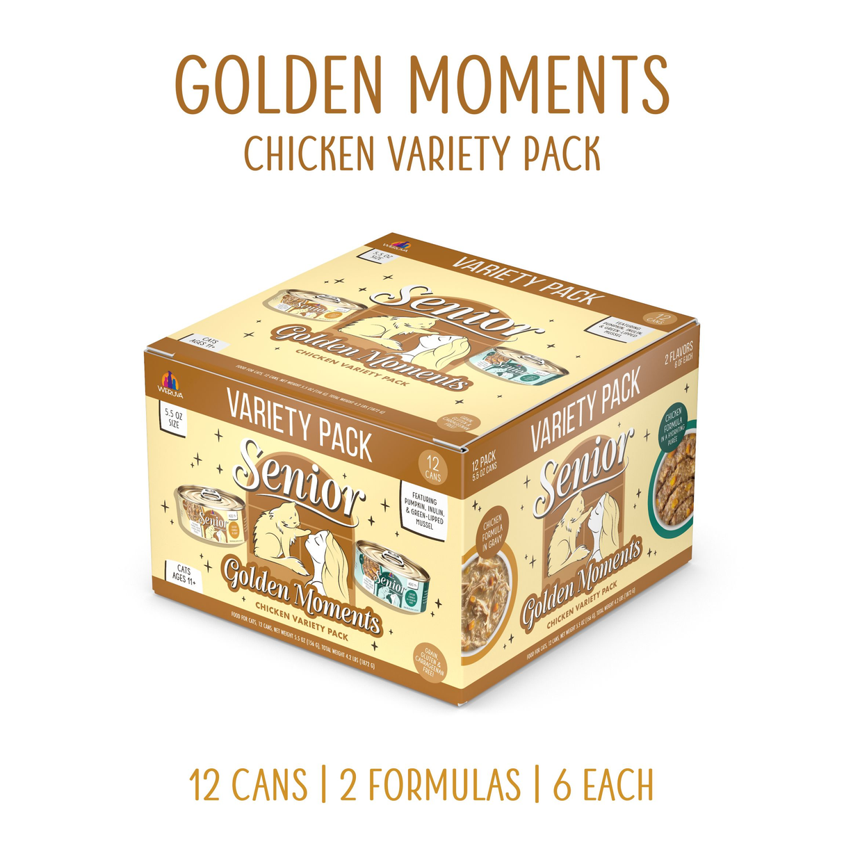 A box labeled Weruva Golden Moments Variety Pack, a 12-can senior cat food set with two joint health chicken breast formulas, is shown. The packaging features illustrations of cats and food bowls.