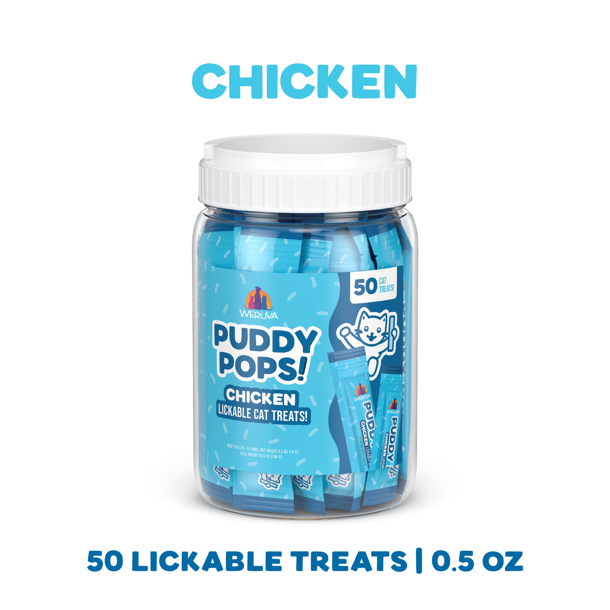 A clear plastic jar labeled Weruva Lickable Chicken Cat Treat holds 50 premium chicken treats in blue 0.5 oz packets. Above and below the jar, the text reads CHICKEN and 50 LICKABLE TREATS | 0.5 OZ.