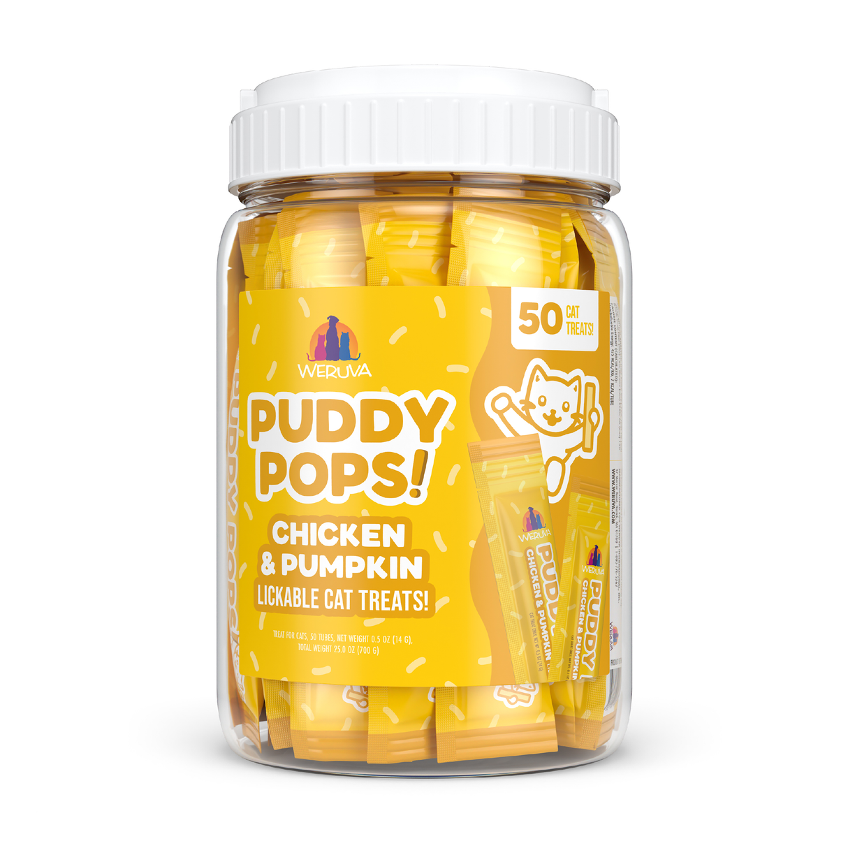 A clear plastic jar with a white lid holds Weruva Lickable Chicken & Pumpkin Cat Treats. The yellow label features a cartoon cat and states 50 hydrating treats inside, with individually wrapped packets visible in the jar.