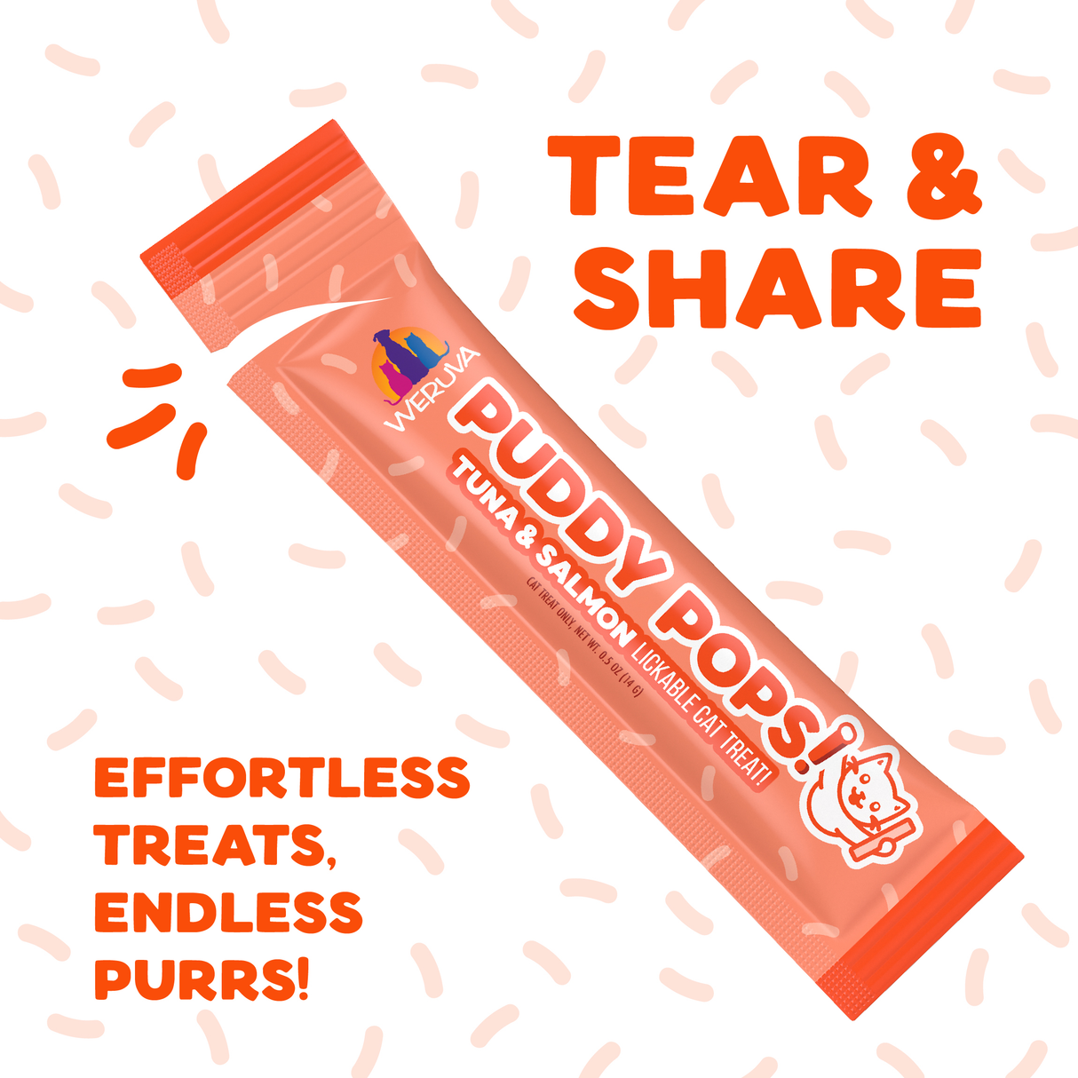 An orange tube of Weruva Lickable Tuna & Salmon Cat Treat is shown with "Tear & Share" and "Effortless treats, endless purrs!" on a sprinkle background—an irresistible, hydrating cat treat.