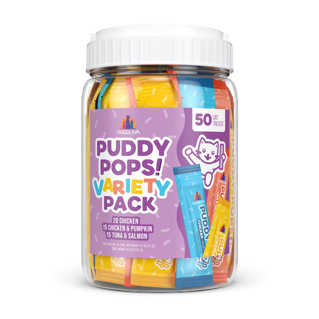 A clear plastic jar with a white lid contains Weruva Puddy Pops Lickable Cat Treat Variety Pack. The purple label lists chicken, chicken & pumpkin, and tuna & salmon flavors. The jar holds 50 individually wrapped sticks.