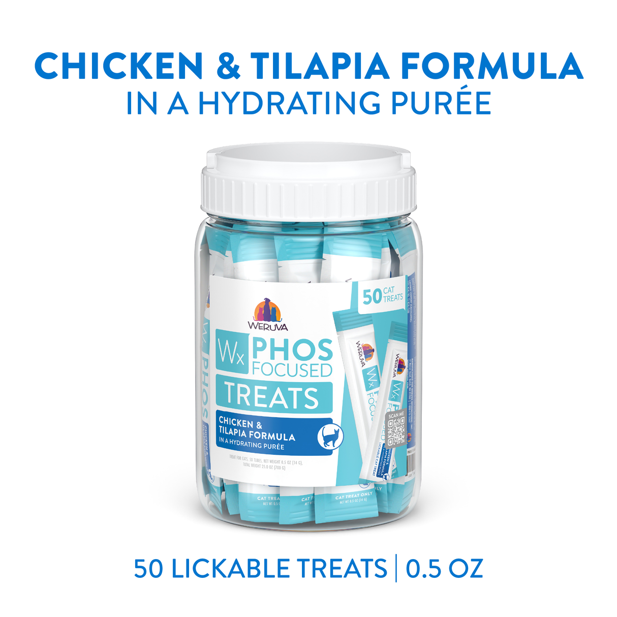 A clear jar labeled Weruva Wx Lickable Chicken & Tilapia Cat Treat holds 50 individually wrapped high protein purée sticks. Blue and white packaging highlights the benefits of this low phosphorus cat treat.