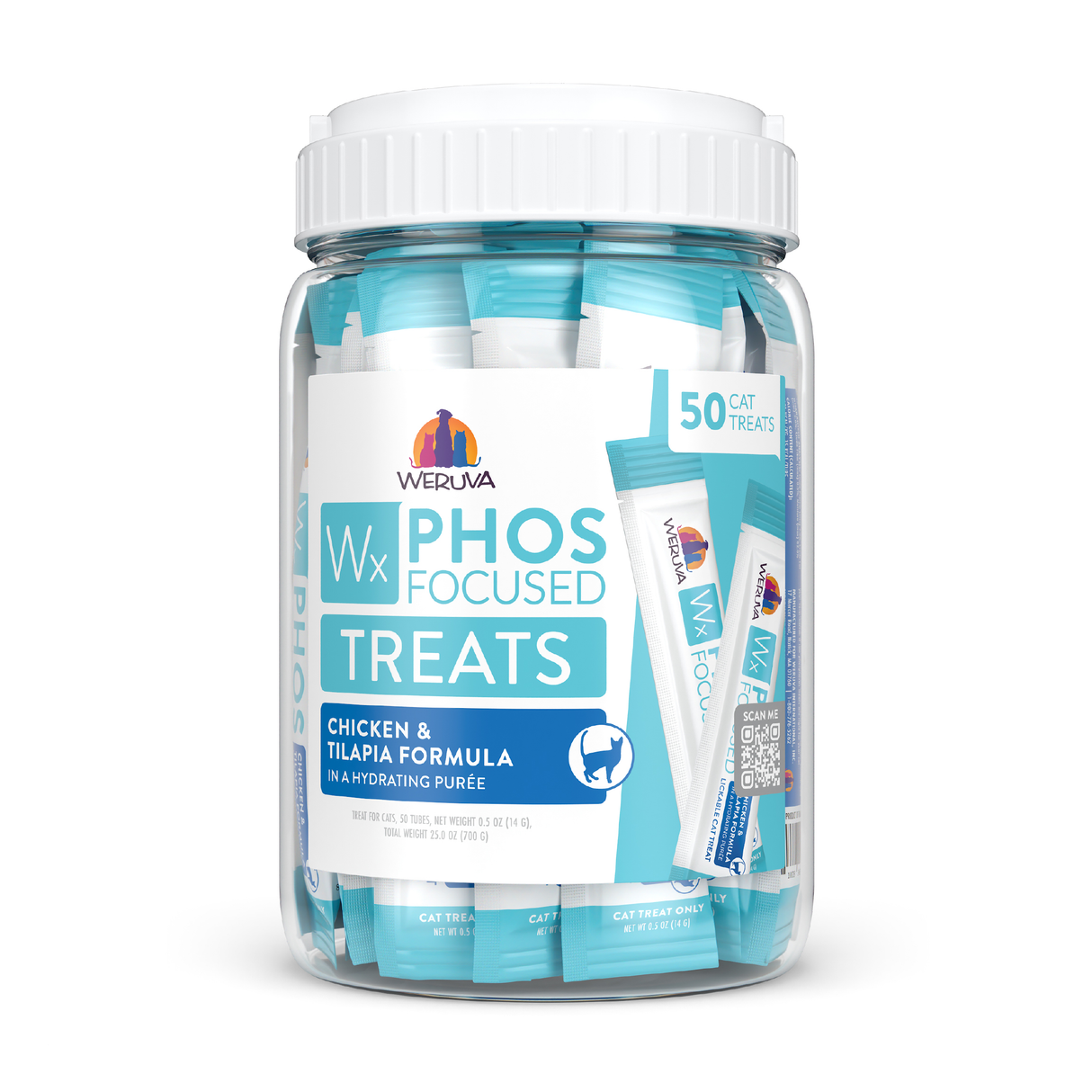 A clear plastic jar of Weruva Wx Lickable Chicken & Tilapia Cat Treat holds 50 low-phosphorus, hydrating purée sticks—each individually wrapped in blue and white to keep them fresh.