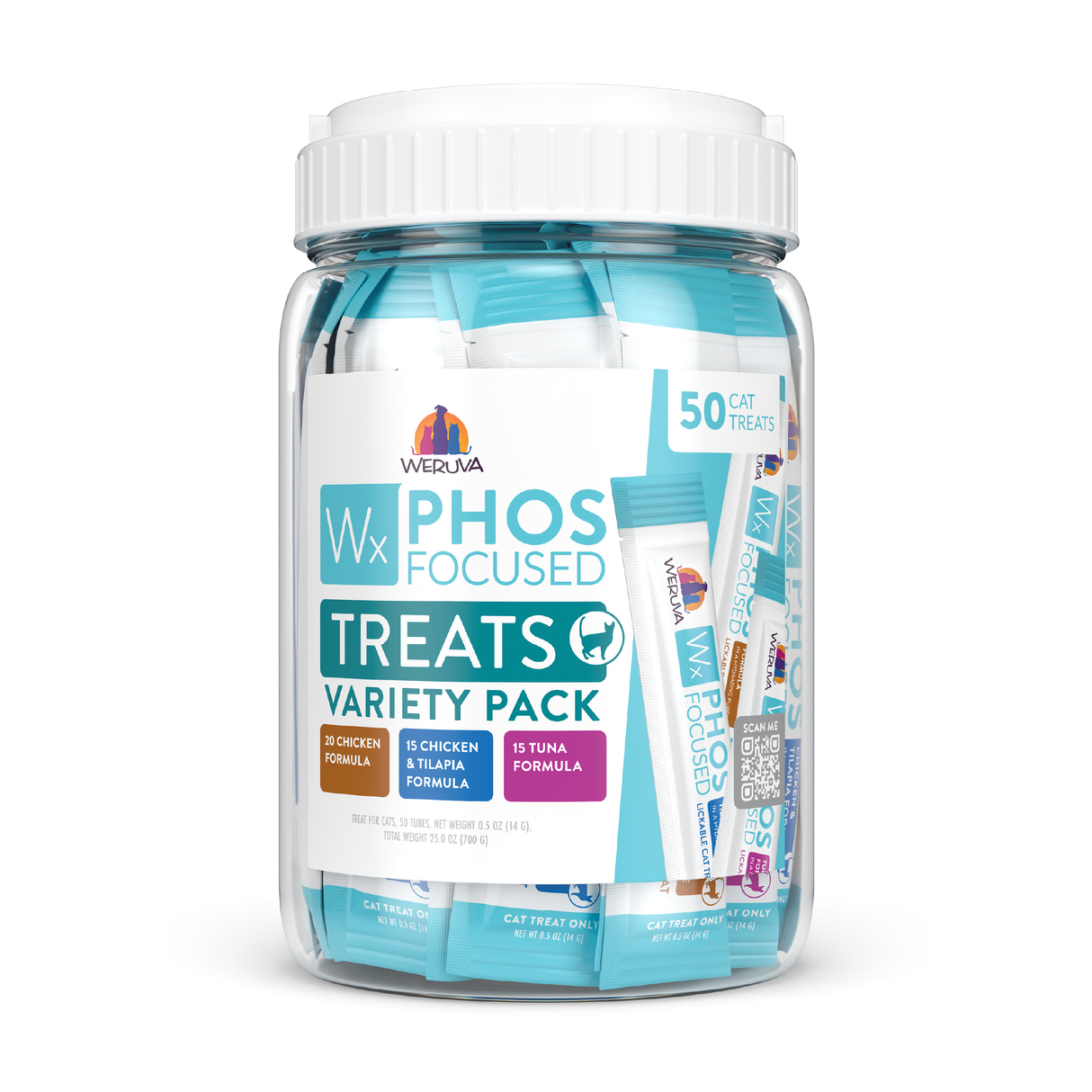 A clear plastic jar of Weruva Wx Phos Focused Lickable Cat Treat Variety Pack contains 50 treats in Chicken & Tilapia Formula and Tuna Formula flavors, with blue and white packaging.