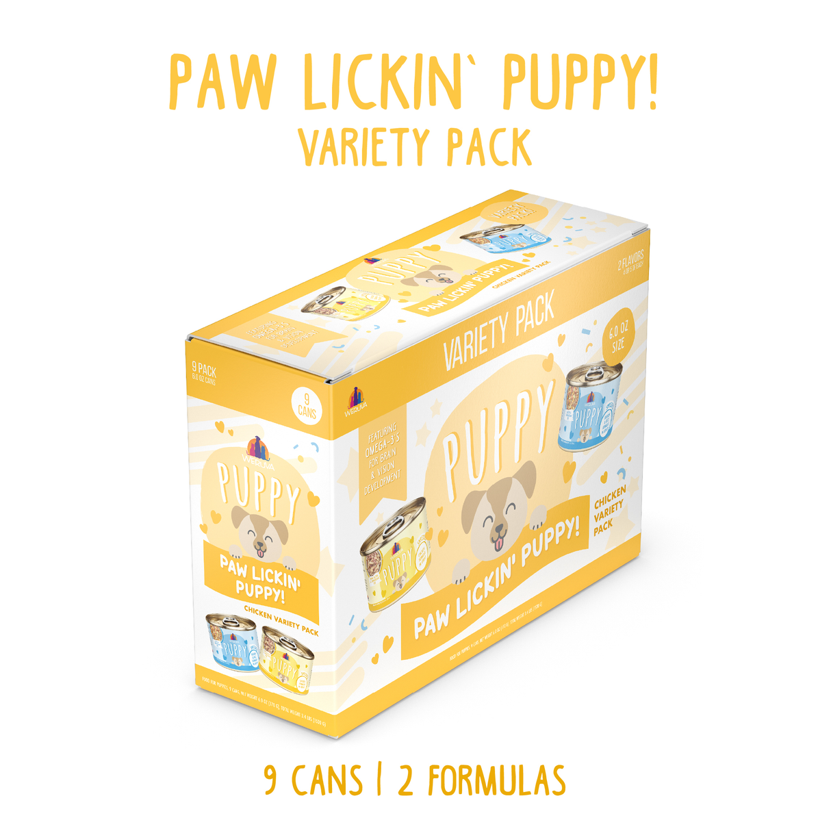 The Weruva Paw Lickin' Puppy Variety Pack features a yellow and white box with cartoon puppies, colorful design, and images of two can types. Includes 9 cans with 2 puppy formulas rich in omega-3 for puppies.