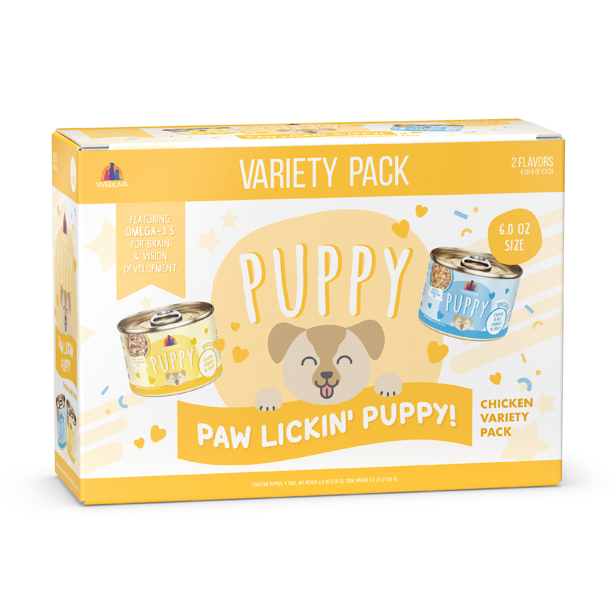 The Weruva Paw Lickin' Puppy Variety Pack features two 6 oz cans, highlights omega-3 benefits for puppies, and offers two flavors. The box shows a puppy and the cans on its packaging.
