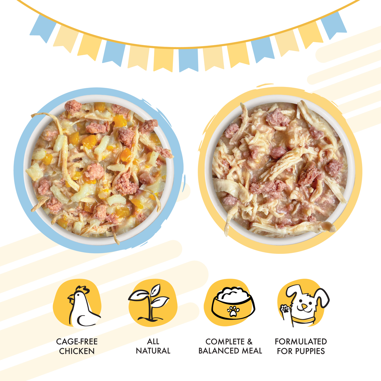 Two bowls of Weruva Paw Lickin' Puppy Variety Pack show chunks of chicken and veggies. Icons highlight cage-free chicken, all-natural puppy formula, omega-3, and complete nutrition. Colorful banners decorate the background.