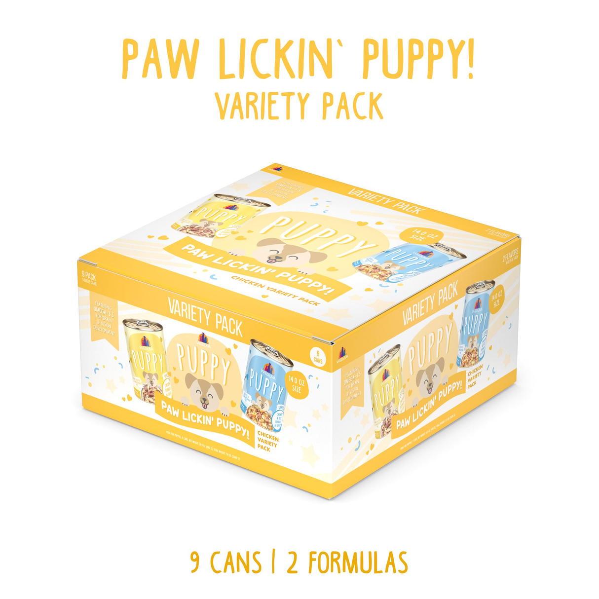 The Weruva Paw Lickin' Puppy Variety Pack comes in a yellow and white box with cartoon puppies, includes 9 cans of puppy formula in 2 flavors (including chicken), and showcases the variety pack and quantity on the packaging.