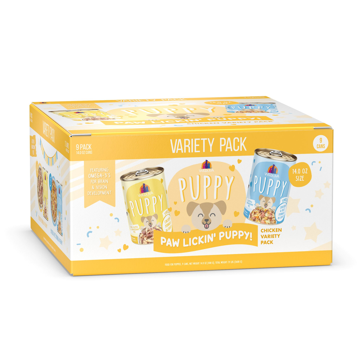 A yellow and white Weruva Paw Lickin' Puppy Variety Pack box shows a cartoon puppy, 9 cans (14 oz each) of chicken formulas for puppies, rich in omega-3s. Box displays can images and flavors.