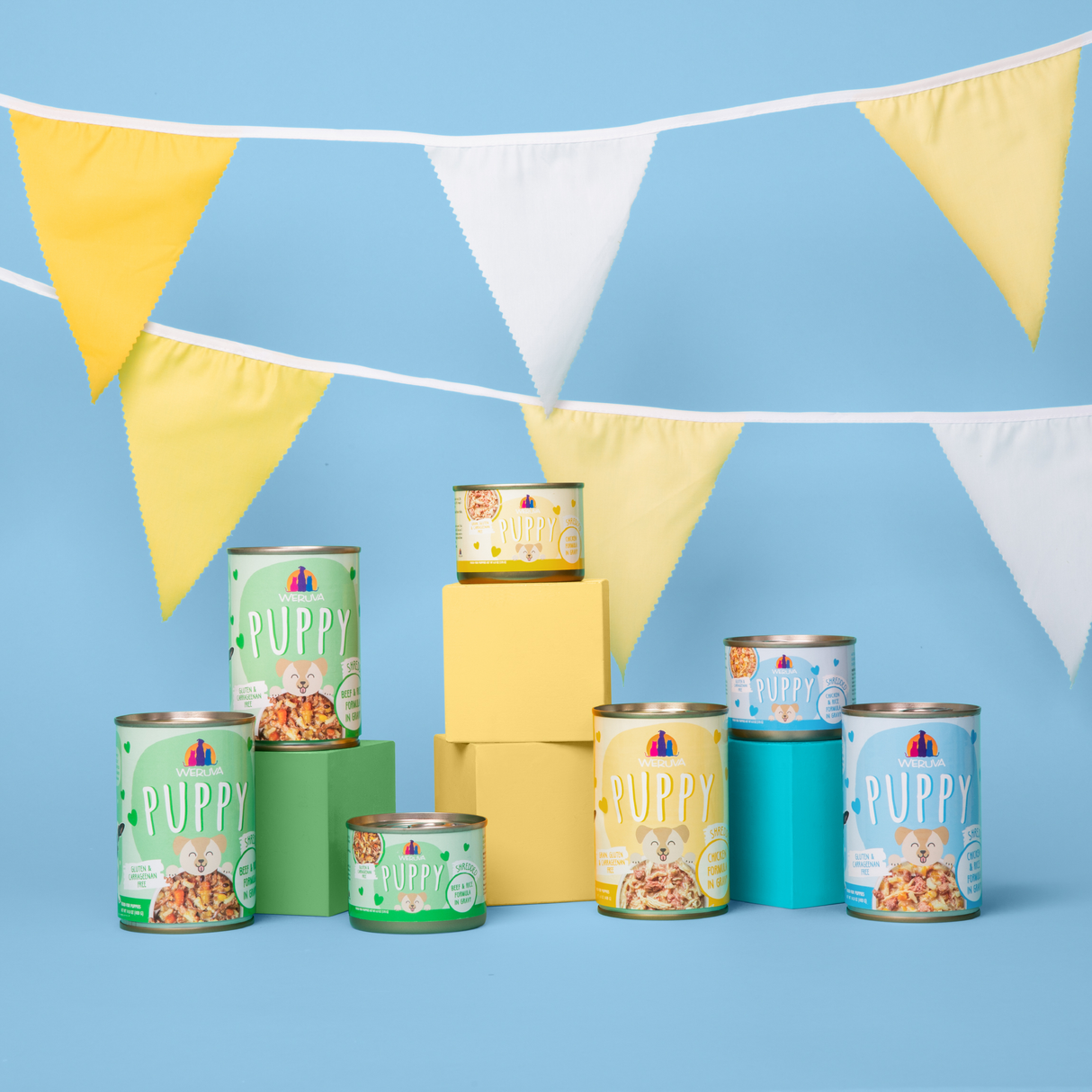 Weruva's Paw Lickin' Puppy Variety Pack cans are displayed on colorful blocks with yellow and white bunting above, set against a light blue background—showcasing a nourishing formula for puppies.