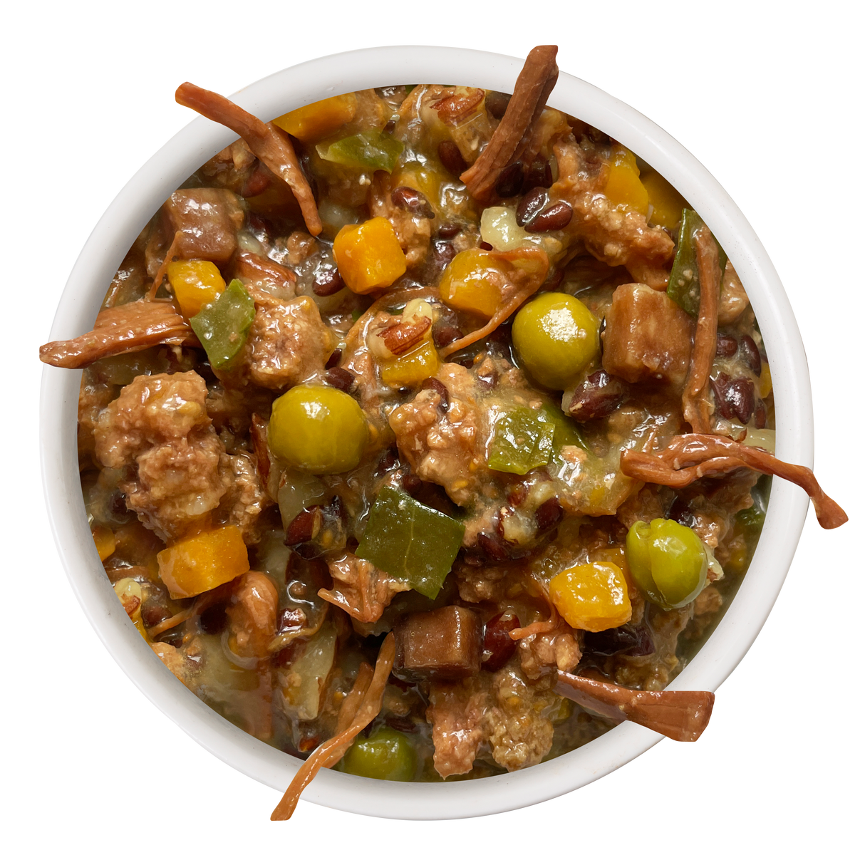 A bowl of Awesome Functions’ Awesome Everything Beef & Red Rice Recipe with Veggies—Australian grass-fed beef, green peas, carrots, green bell peppers, and red rice in a hearty sauce—supports whole body wellness.