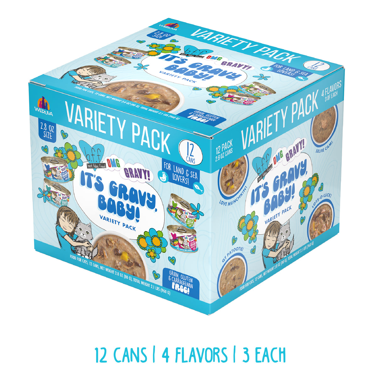 The BFF Best Feline Friend It's Gravy, Baby! variety pack features 12 cans of minced premium proteins in 4 flavors, great for land and sea lovers. The blue and white box has cat and food bowl illustrations.