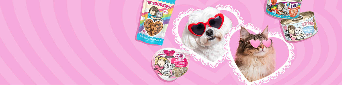 A white dog and a brown-and-white cat wear heart-shaped sunglasses. Around them are canned pet food and treat packages with illustrated labels, all set against a pink, heart-patterned background.