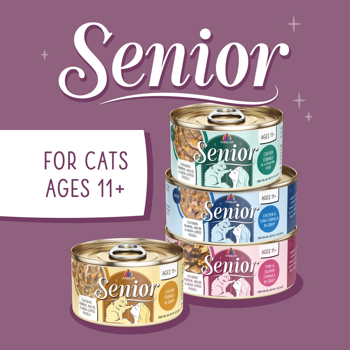 Four cans of Weruva Golden Moments Variety Pack cat food are stacked on a purple background. Text reads “Senior” and “For Cats Ages 11+.” Each can features high-protein recipes designed to support joint health in senior cats.