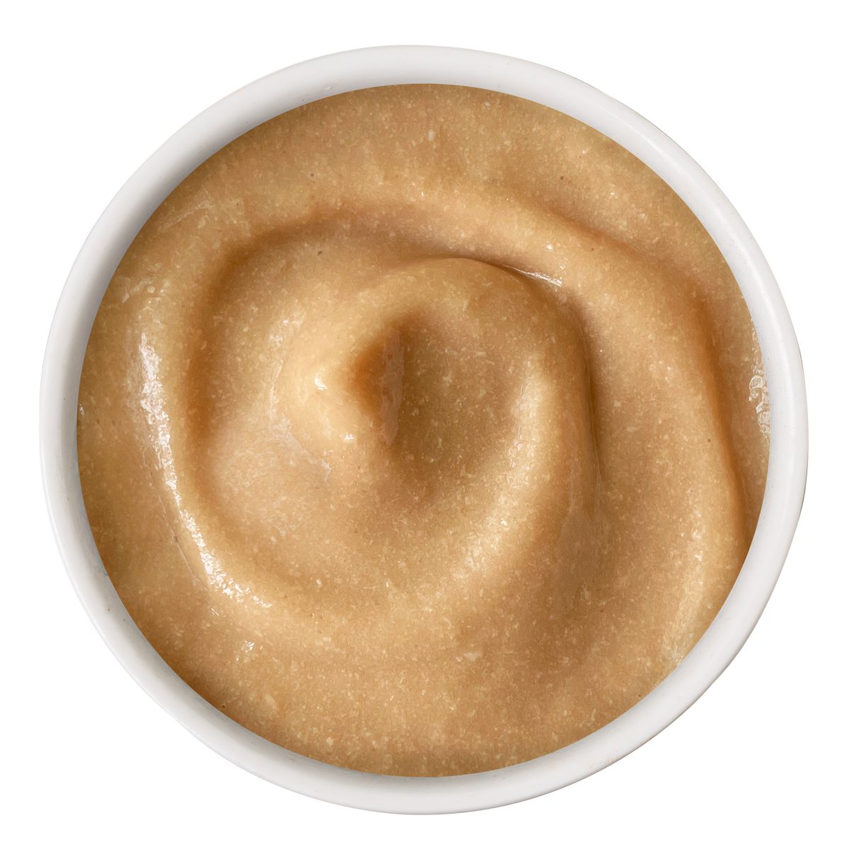 A white bowl filled with smooth Chicken Bisque from Cats in the Kitchen, viewed from above. Its creamy, swirl-textured surface makes it look like a delicious, special treat for cats.