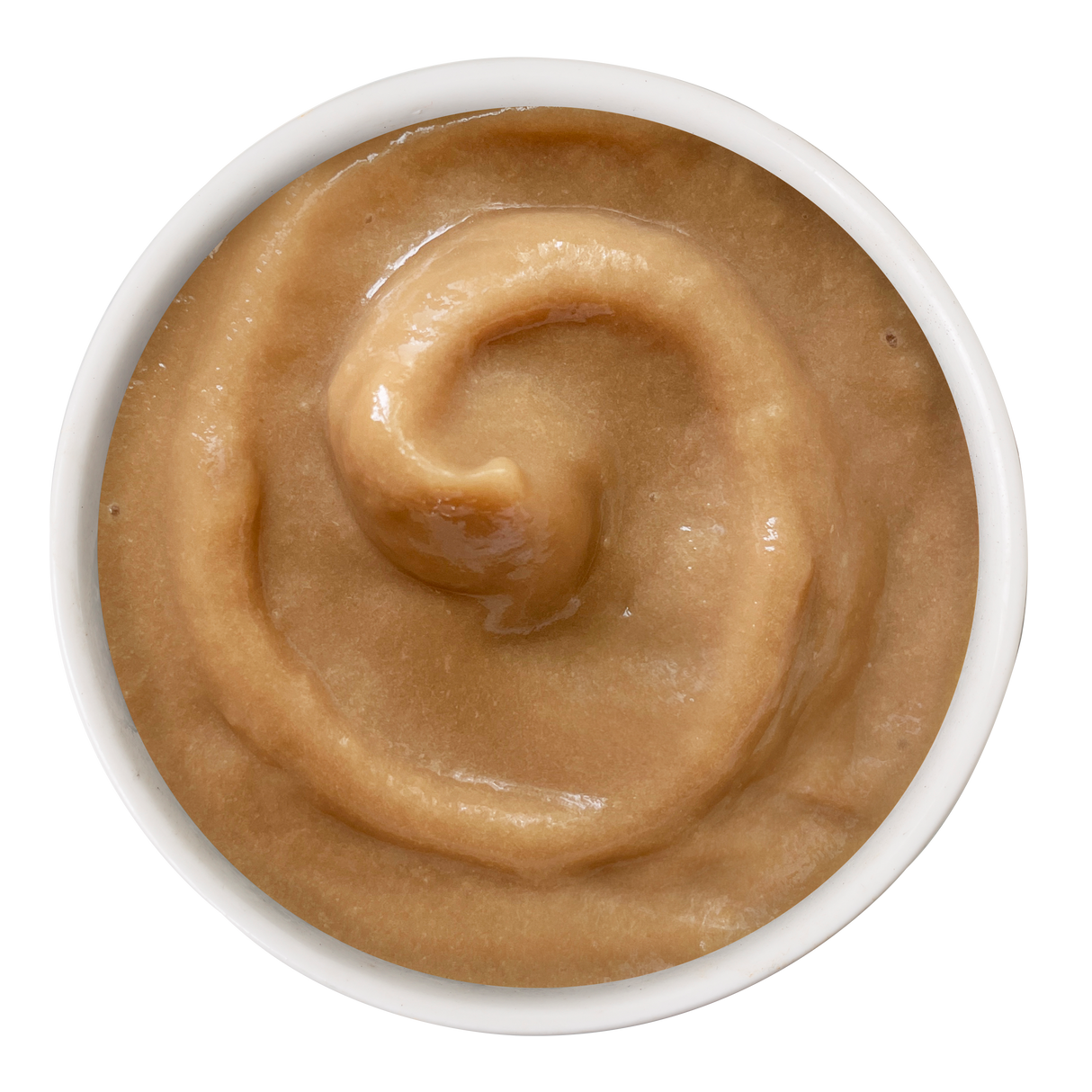 A small white bowl filled with Cats in the Kitchen Tuna Bisque, a smooth, light brown treat for cats swirled in a spiral pattern—delicious and tempting, just like your cat’s favorite tuna snack.