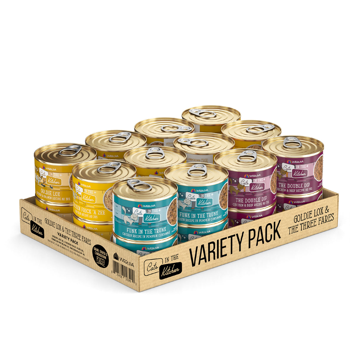 A cardboard tray labeled VARIETY PACK and Goldie Lox & The Three Fares by Cats in the Kitchen holds twelve high-protein cat food cans in four flavors with colorful labels: yellow, blue, purple, and pink.