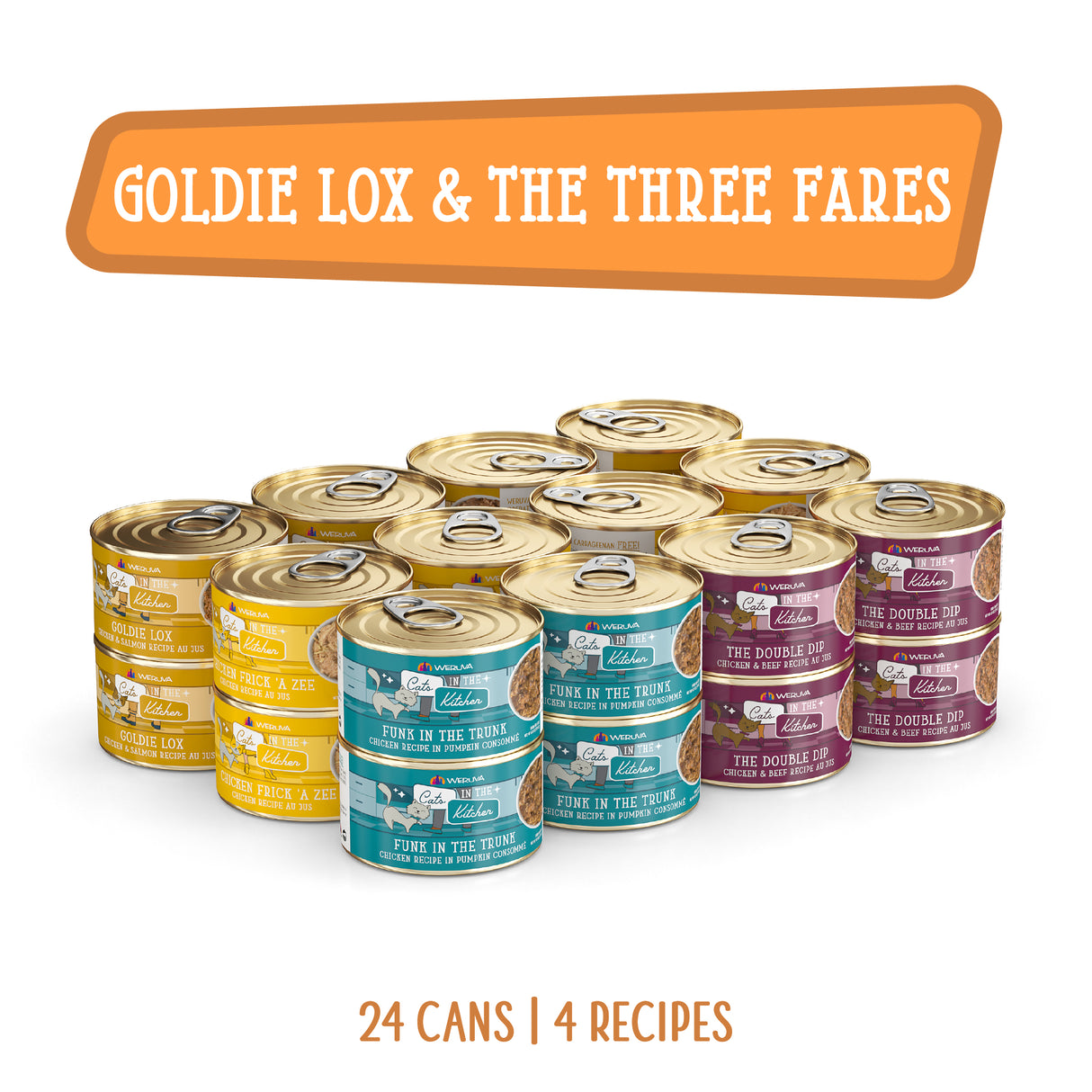 Twenty-four high-protein, low-carb cat food cans from Cats in the Kitchen are arranged in rows under a sign reading “Goldie Lox & The Three Fares.” Text below states: 24 cans | 4 recipes.