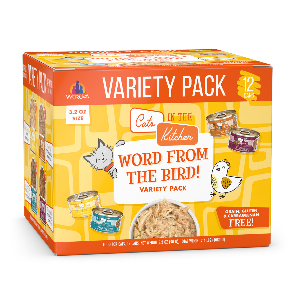 A 12-pack (3.2 oz cans) of Cats in the Kitchen Word From The Bird! high-protein, grain, gluten & carrageenan free cat food, featuring playful cat and bird illustrations on the packaging.