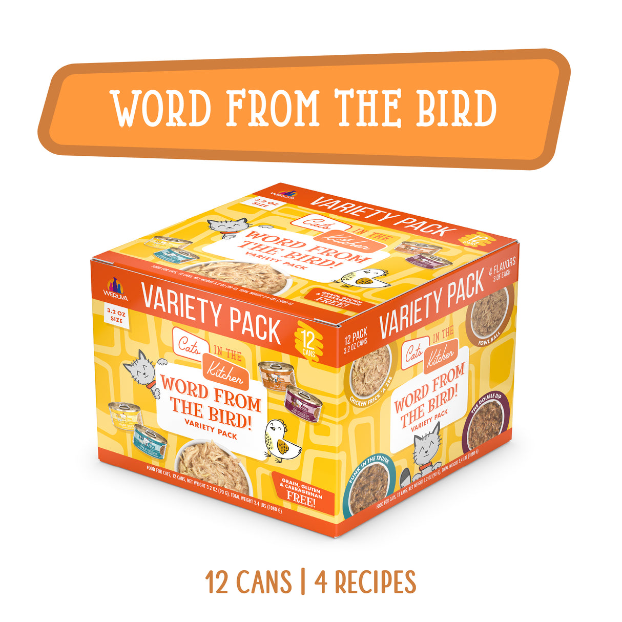 A 12-can variety pack of Cats in the Kitchen's "Word From The Bird!" grain-free cat food. The orange and yellow pack, with cartoon birds and cats, highlights this high-protein recipe selection for your cat.