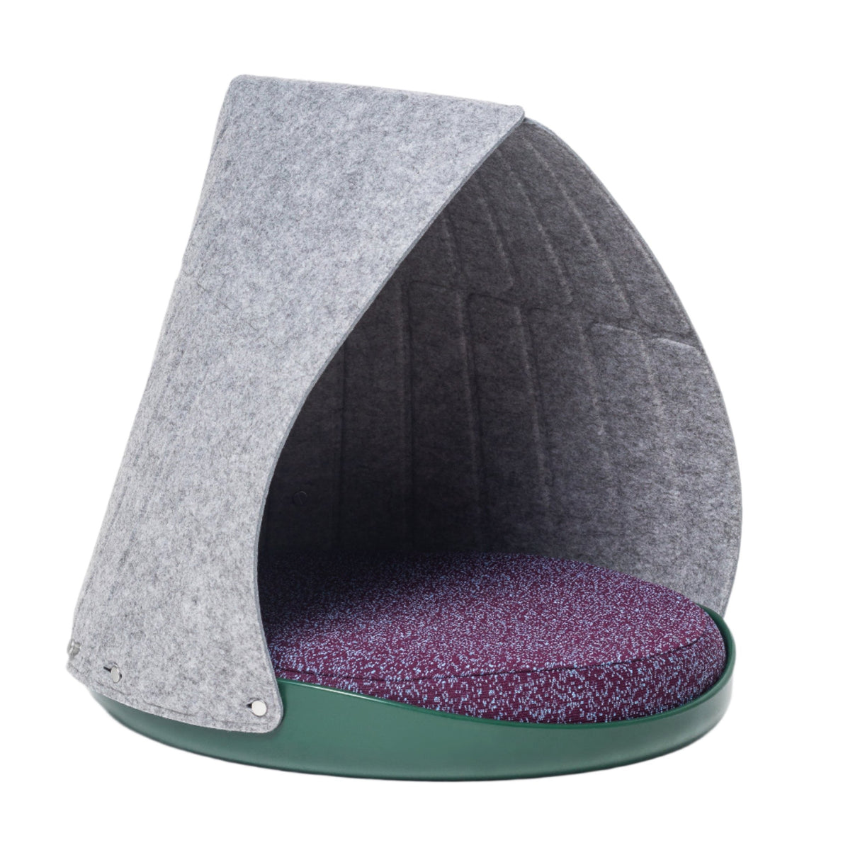 The Weruva Canopy Bed is a modern 3-in-1 pet bed featuring a grey felt canopy, round purple cushion, and dark green base, designed to offer small to medium-sized pets a cozy and sheltered resting space.