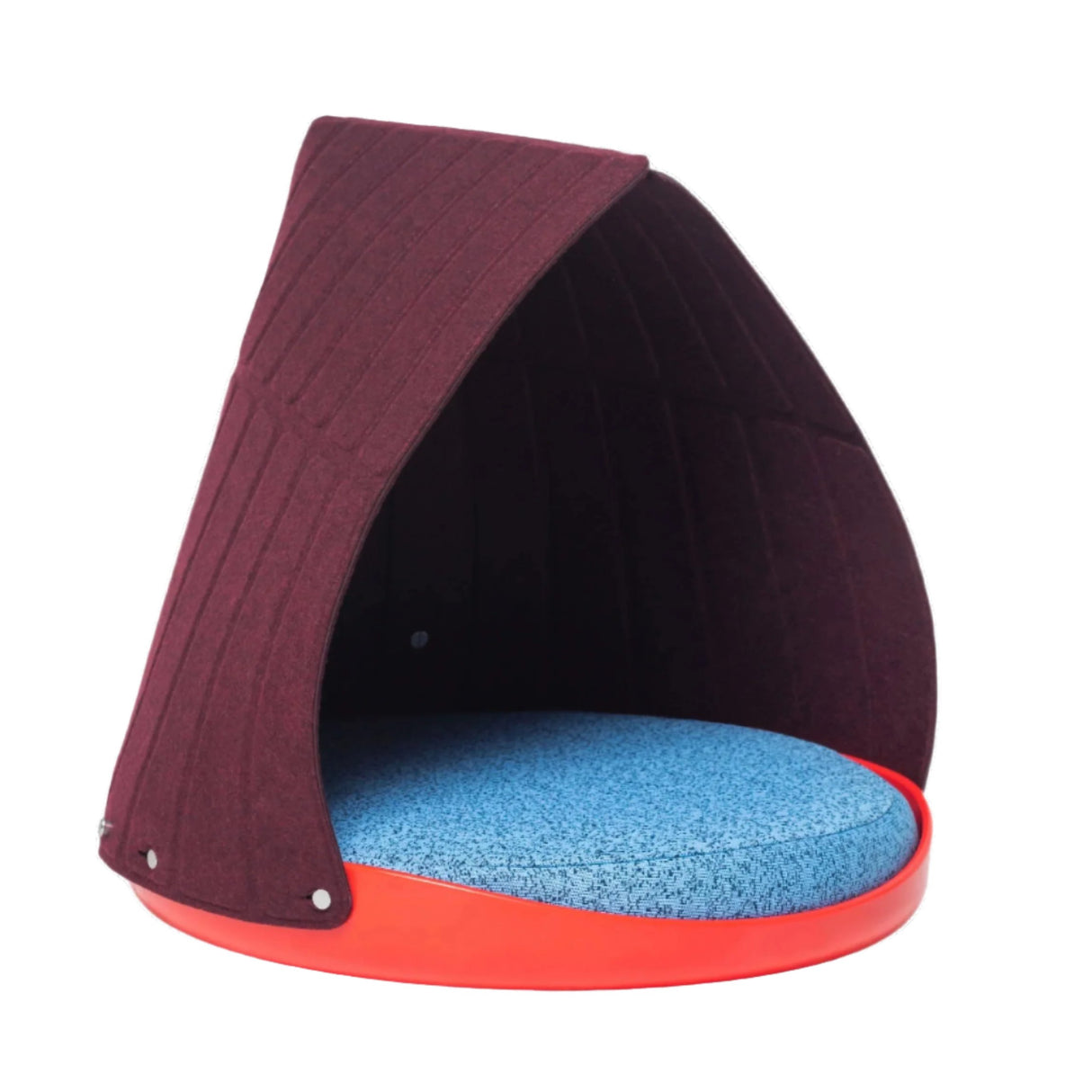 The Weruva Canopy Bed is a modern 3-in-1 pet bed for small to medium pets, with a round red base, blue textured cushion, and a dark maroon canopy that partially covers the top and sides.