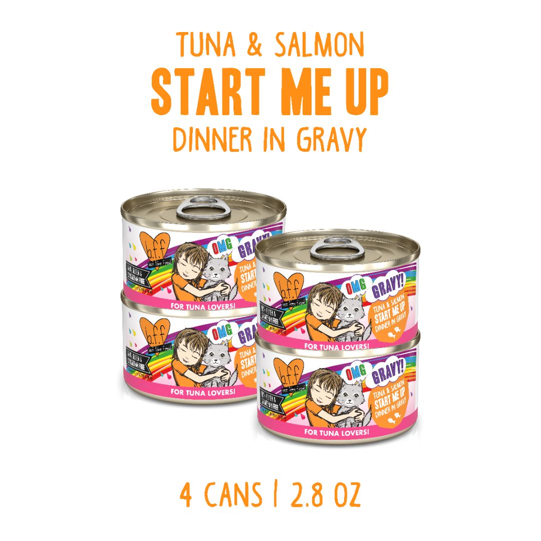 Four 2.8 oz cans of BFF Best Feline Friend Tuna & Salmon Start Me Up cat food, with wild-caught tuna and salmon in gravy, and labels featuring a cat, girl, and rainbow accents—perfect for cats who love gravy.