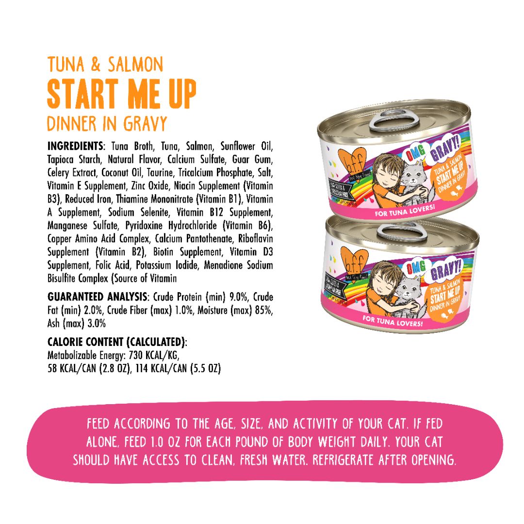 Two cans of BFF Best Feline Friend Tuna & Salmon Start Me Up cat food in gravy are shown, with ingredients, guaranteed analysis, calorie info, and feeding guide listed. The cans also feature a cartoon cat and girl illustration.