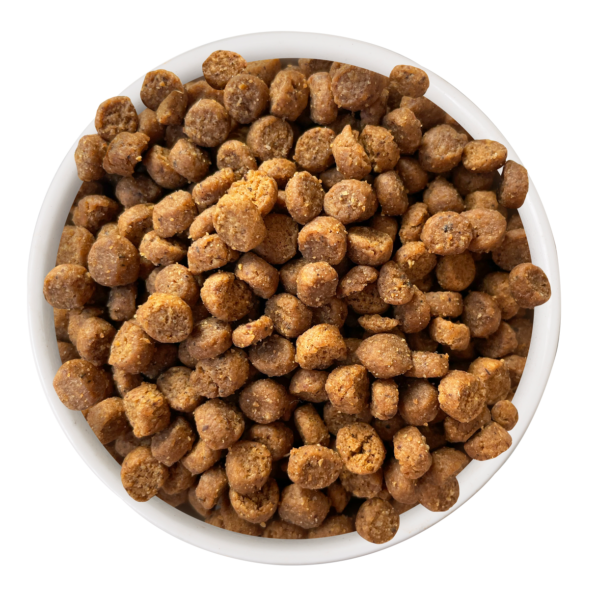A white bowl filled to the top with round, brown Cat Person Duck & Turkey Dry Food kibble, viewed from above against a plain white background.