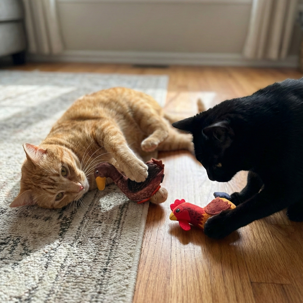 Two cats—an orange tabby and a black cat—play with Weruva Cat Person Feathered Friends Toys, plush birds shaped like a turkey and a chicken, on a wooden floor near a sunlit window.