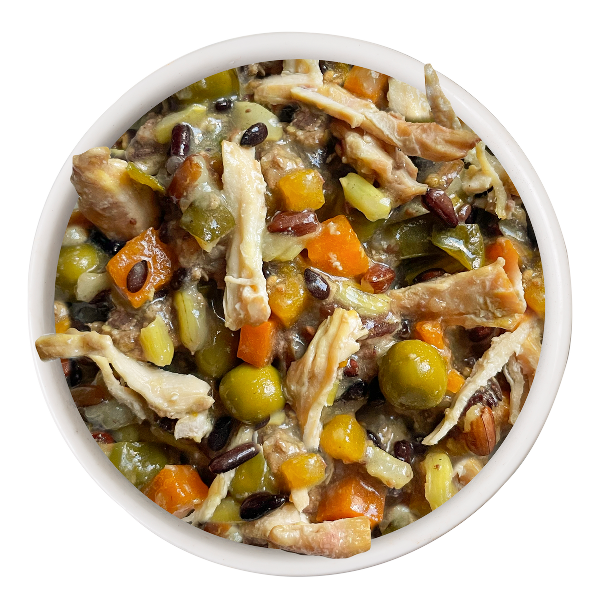 A bowl of Awesome Functions' Bouncy Chicken Breast & Riceberry Recipe with Veggies, Turmeric & Ginger—featuring shredded chicken, peas, carrots, and joint-supporting ingredients like green-lipped mussel in a savory sauce.