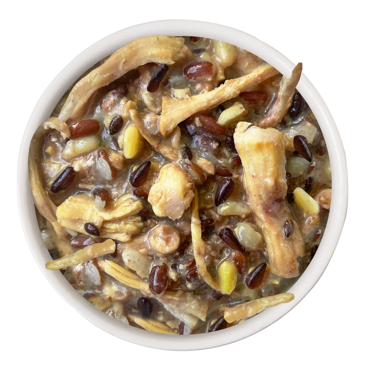 A bowl of Awesome Functions' Awesome Bouncy Chicken Breast & Riceberry Recipe with Turmeric & Ginger, a hearty stew featuring chicken, riceberry, grains, and veggies to support dog health, shown from above on a white background.