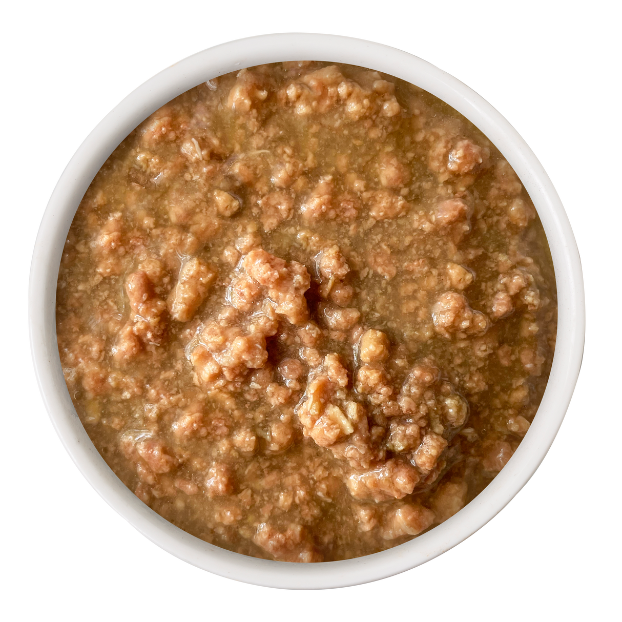 A white bowl filled with chunky brown Cat Person Beef Shreds in Broth, resembling protein-rich ground meat cat food, viewed from above on a white background.