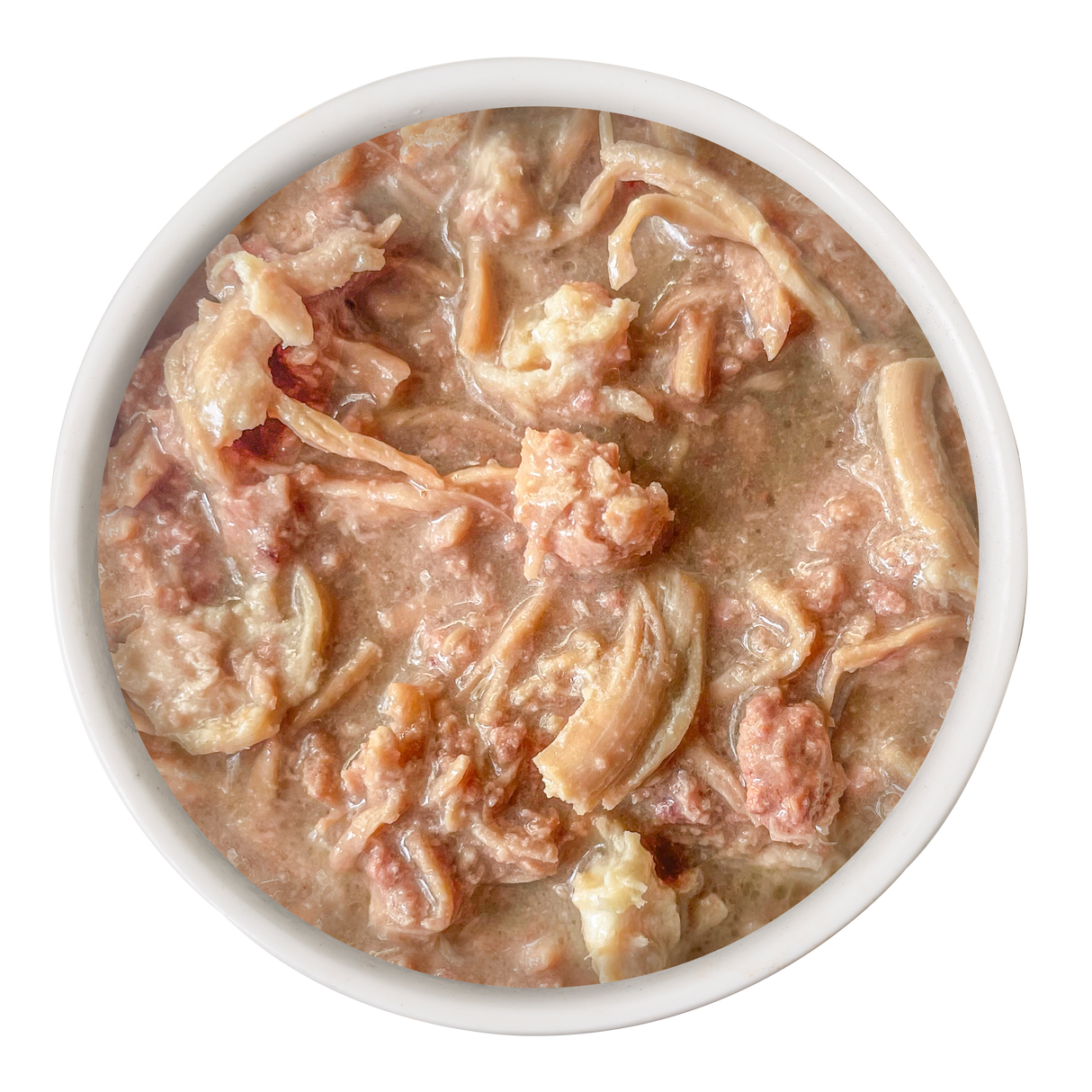 A white bowl filled with Cat Person Chicken & Duck Shreds in Broth, featuring tender strips of chicken in savory broth, is shown from above on a plain white background.