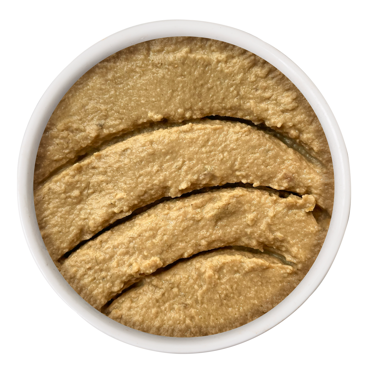 A round white bowl holds smooth, tan Salmon & Mackerel Paté by Cat Person, its surface swirled with curved grooves. The plain white background highlights a presentation crafted for complete and balanced cat nutrition.