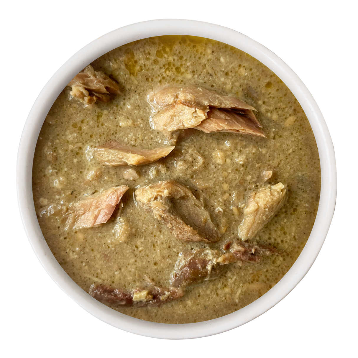 Cat Person Salmon & Mackerel Shreds in Broth is a white bowl of greenish-brown soup with chunky meat on top, offering balanced nutrition for your pet.