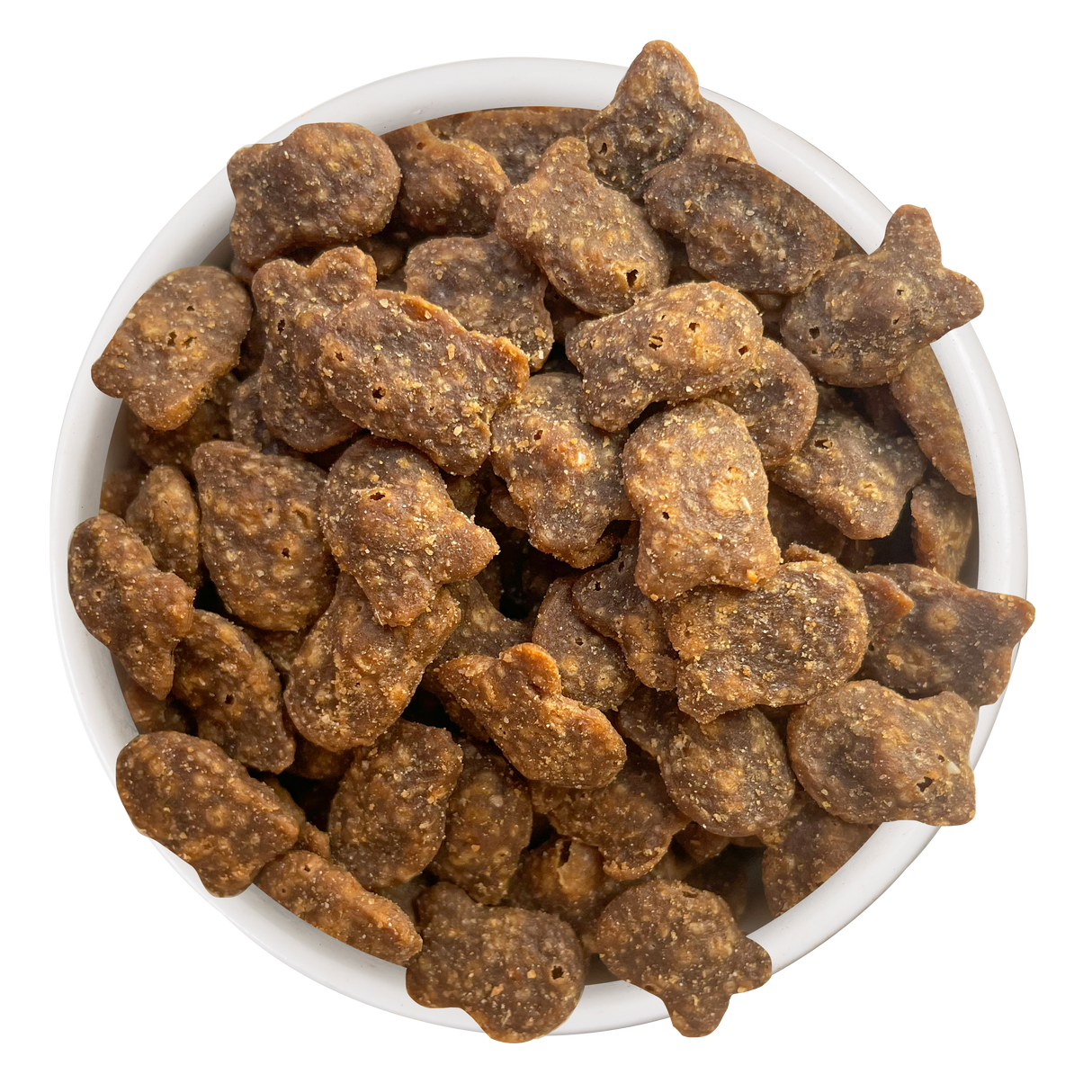 A bowl filled with small, brown, animal-shaped treats from above. The crisp snacks are Cat Person Salmon Savory Crunchies, perfect low calorie salmon cat treats for pets.