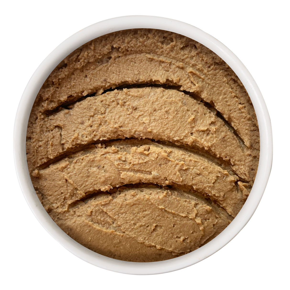 A white bowl holds Cat Person Tuna & Salmon Paté, a smooth, light brown blend for cats with several curved, evenly spaced grooves on its surface.