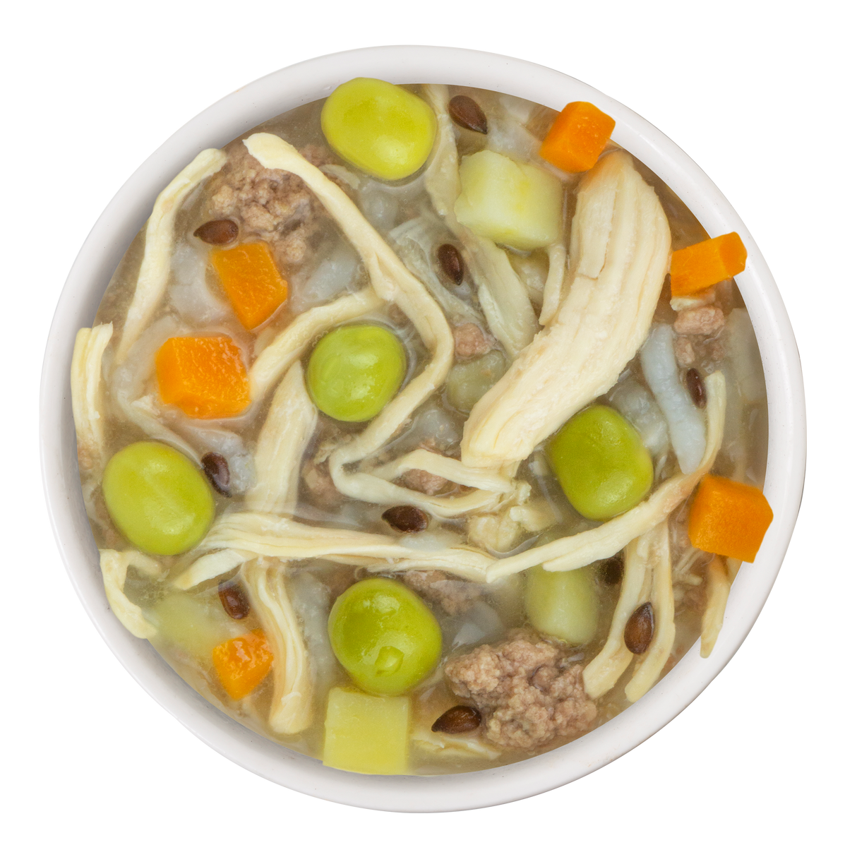 A bowl of Kiss Me Thrice by BFF Best Fido Friend, featuring shredded chicken, green peas, carrots, potatoes, noodles, and small beef meatballs in thick broth, viewed from above.