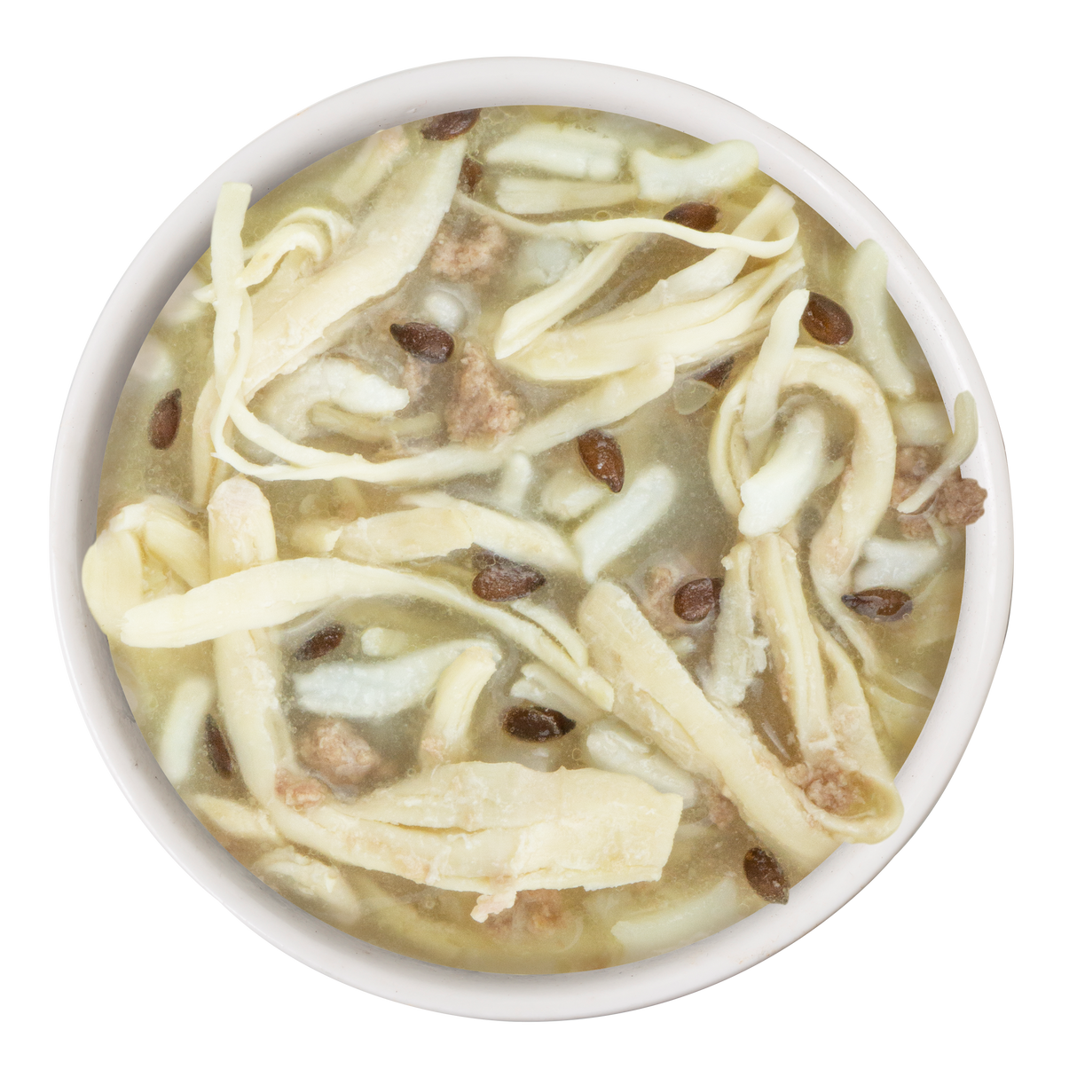 Roll The Dice by BFF Best Fido Friend is a tasty dog meal featuring wide yellow noodles, hearty meat pieces, white veggies, and brown beans in savory broth, presented in an overhead view on a white background.