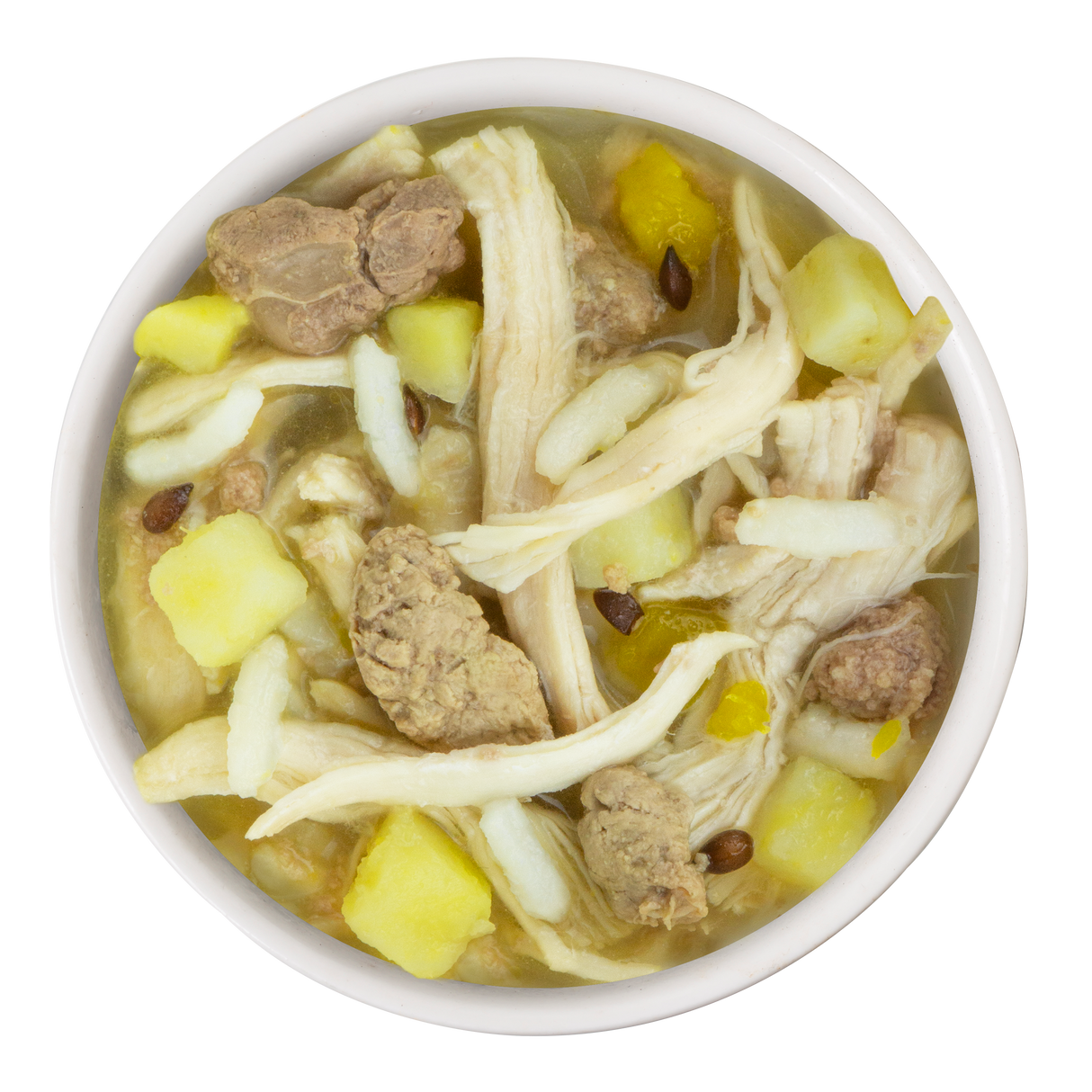 A top-down view shows a white bowl of Wanna Be Withya by BFF Best Fido Friend, featuring shredded chicken, beef chunks, diced yellow potatoes, and veggies in clear broth for a hearty dog meal.