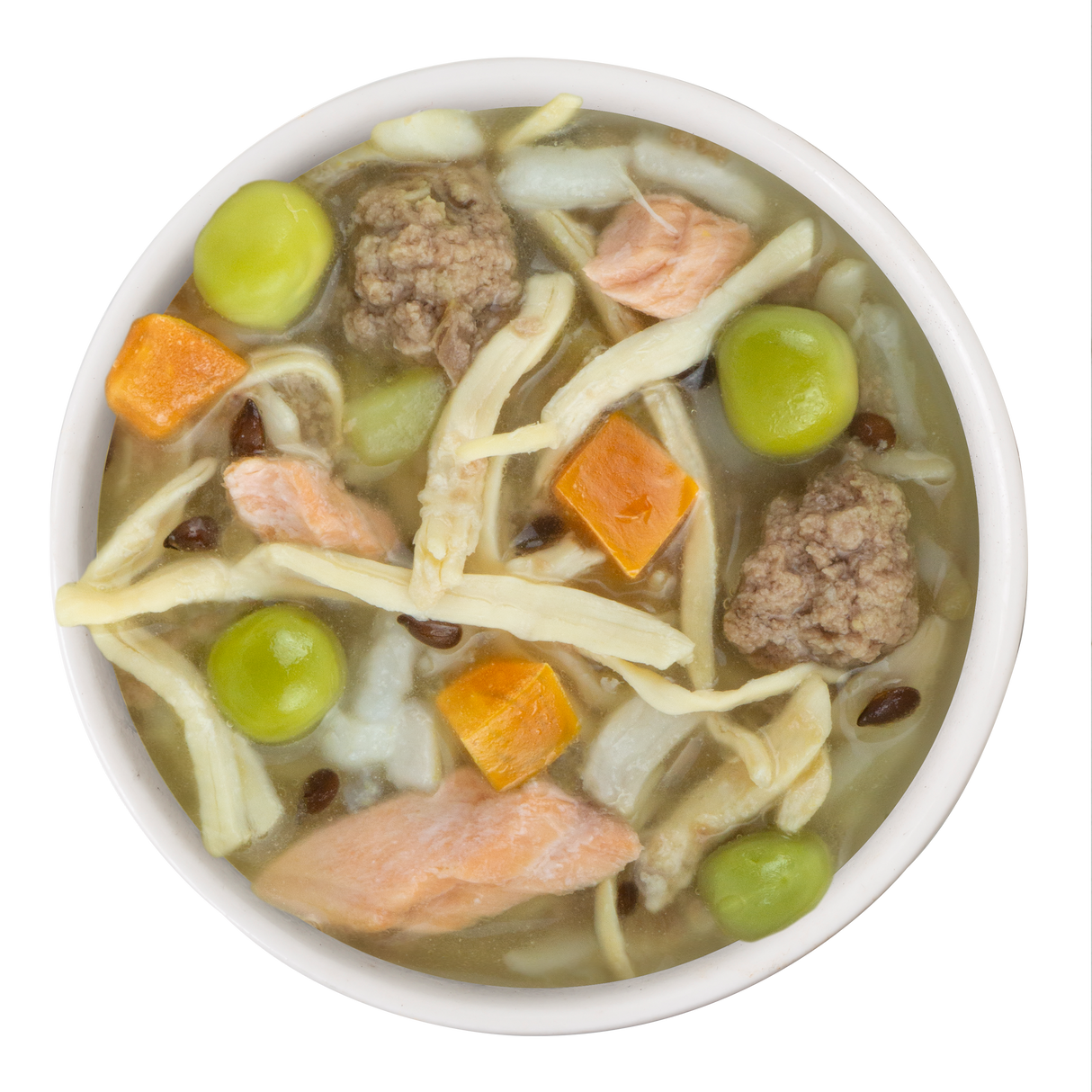 We Be Jammin' by BFF Best Fido Friend is a soup-inspired meal with salmon chunks, meatballs, shredded chicken, peas, carrots, black beans, and noodles in a clear broth.
