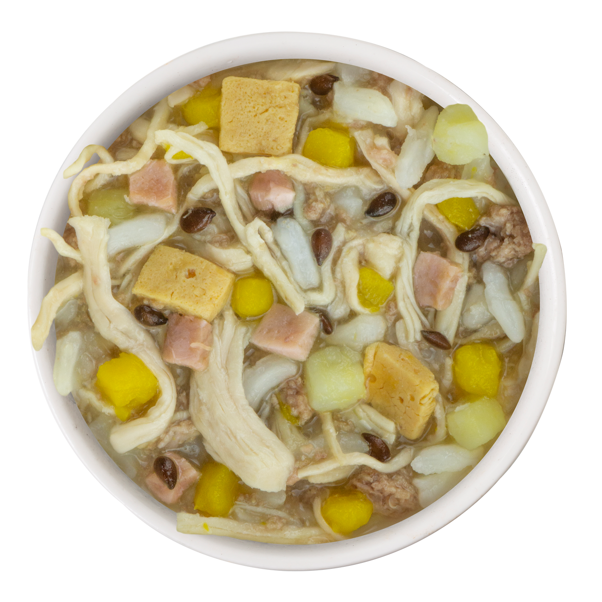 Wham Bam by BFF Best Fido Friend is a hearty dog food with shredded chicken, yellow veggies, tofu, rice, and beans in thick broth—making it a wholesome dinner for your dog.