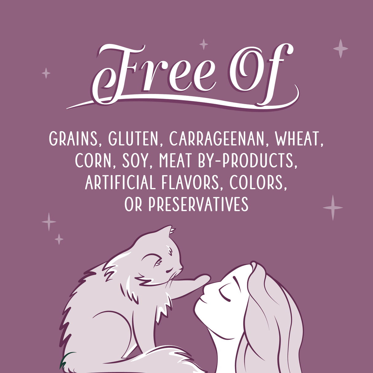 Illustration of a woman cuddling a cat with the text: Weruva Golden Moments Variety Pack—free of grains, gluten, carrageenan, wheat, corn, soy, meat by-products, or artificial additives—ideal senior cat food—on a purple background.