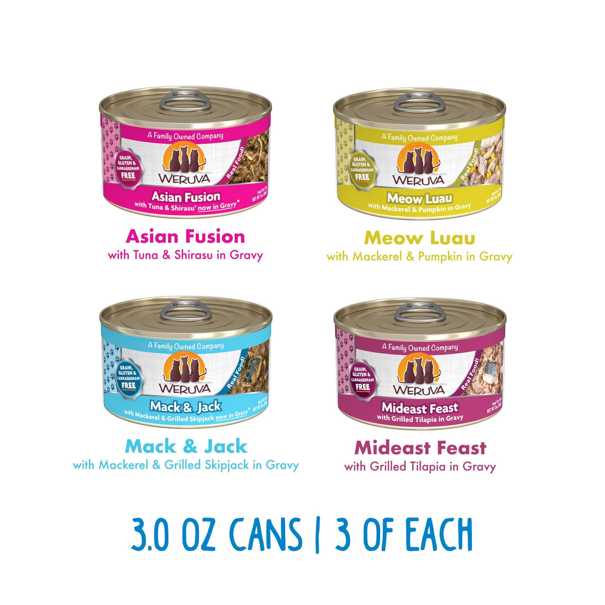 Weruva’s Me 'N My Human Besties and Beyond! features four popular 3.0 oz recipes—Asian Fusion, Meow Luau, Mack & Jack, and Mideast Feast—with three cans per flavor, all highlighting premium proteins for your cat.